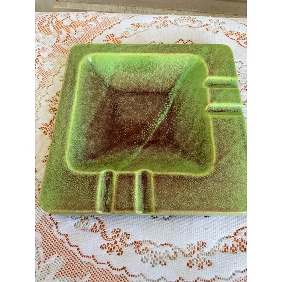 Vintage Mcm 1960s Green & Brown Glazed Ceramic Ashtray - Picture 1 of 9